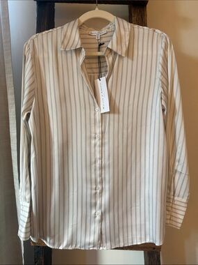 Madison D’Amelie Cream Button-Up Shirt with Navy Pinstripes